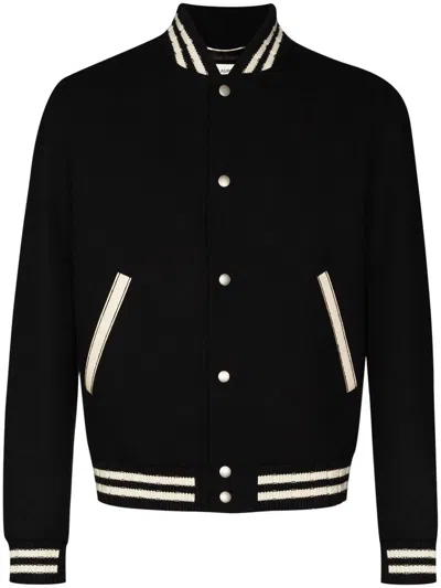 Saint Laurent Logo Wool Bomber Jacket In Black