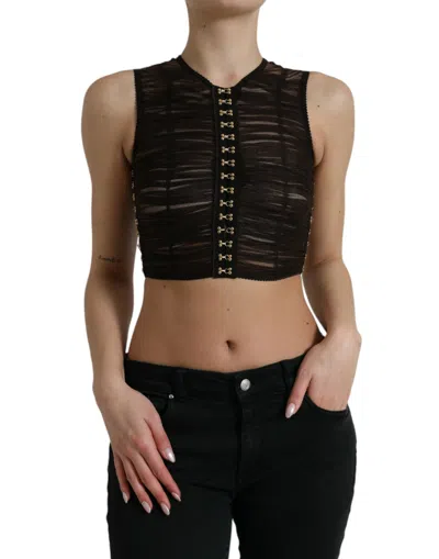 Dolce & Gabbana Brown Embellished Nylon Stretch Cropped Top