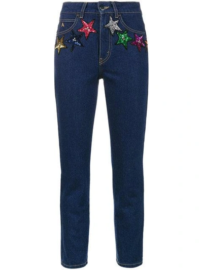 Attico Sequin Stars High Waisted Cropped Jeans In Blue