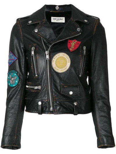 Saint Laurent Leather Biker Jacket With Appliqués In Black