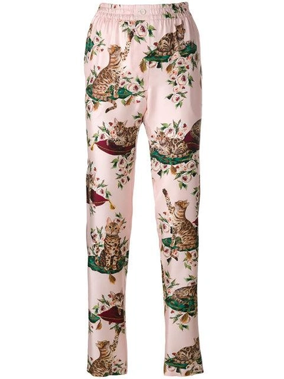 Dolce & Gabbana Cats & Flowers Printed Silk Twill Pants In Pink