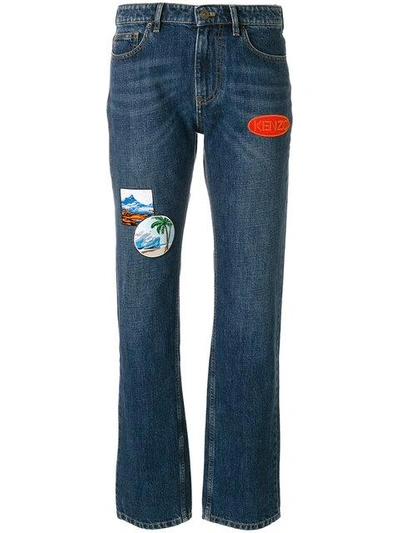 Kenzo Straight Cotton Jean With Patches In Blue