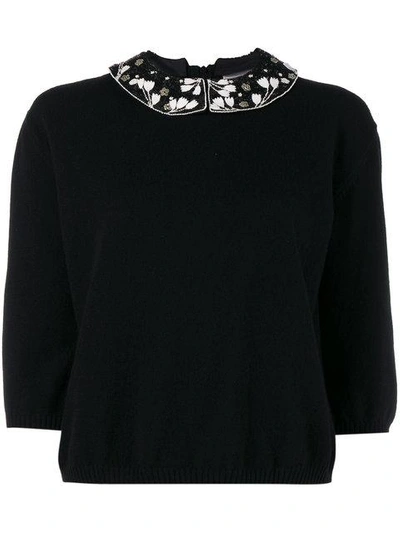 Valentino Floral-embroidered Wool-cashmere Collared Sweater In Black