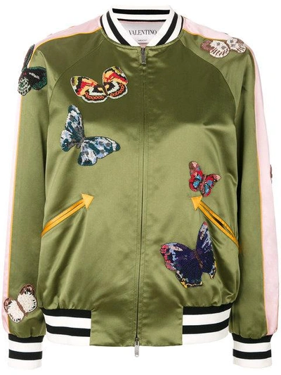 Valentino Butterflies Silk Satin Bomber Jacket, Olive Green In Green
