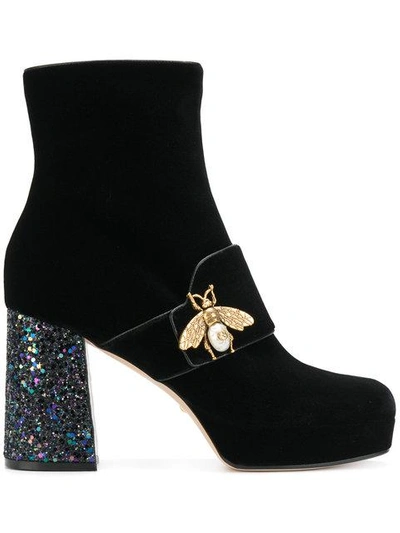 Gucci Embellished Glittered Velvet Ankle Boots In Black/gold