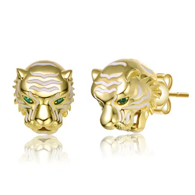 Rachel Glauber 14k Yellow Gold Plated With Emerald Cubic Zirconia White Enamel Roaring Tiger Head 3d Stud Earrings