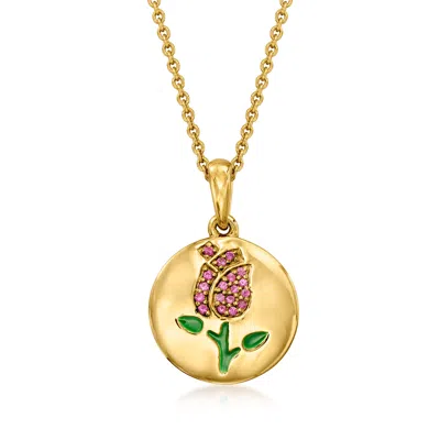 Ross-simons Pink Sapphire Flower Pendant Necklace With Green Enamel In 18kt Gold Over Sterling