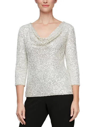 Alex Evenings Womens Seqiuined Cowlneck Blouse In Silver
