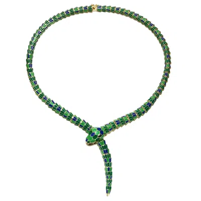 Rachel Glauber Rg 14k Yellow Gold Plated With Emerald Cubic Zirconia Blue & Green Enamel Coiled Serpent Snake Stiff