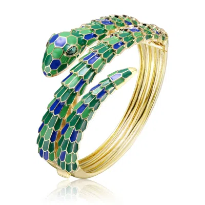 Rachel Glauber Rg 14k Yellow Gold Plated With Emerald Cubic Zirconia Green & Blue Enamel 3d Serpent Coiled Bypass W