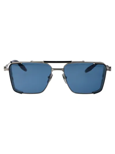 Akoni Sunglasses In Brushed Black Palladium-silver-blue Crystal W/dark Blue