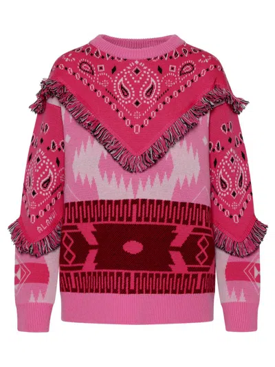 Alanui Icon Jacquard Bandana Patch Fringe-trim Wool Jumper In Pink