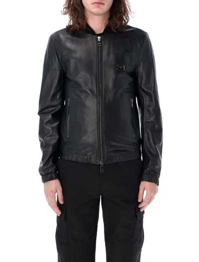Dolce & Gabbana Leather Jacket With Branded Tag In Black