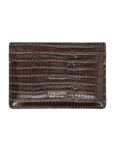 Tom Ford Glossy Printed Croc Cardholder In Brown