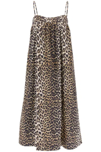 Ganni Leopard Midi Strap Dress In Brown