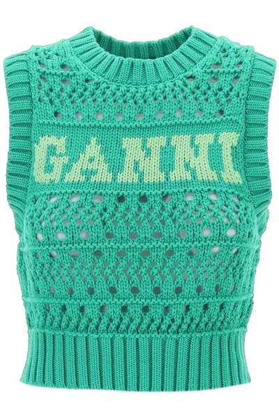 Ganni Open Stitch Knitted Waistcoat With Logo In Green