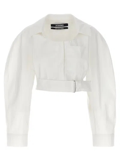 Jacquemus La Chemise Obra Cotton Poplin Crop Shirt In White