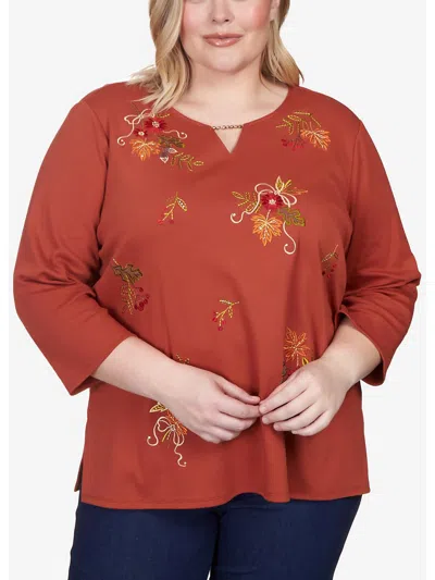 Alfred Dunner Plus Womens Cotton Blend Embellished Blouse In Red