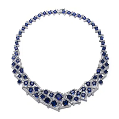 Rachel Glauber 3d Geometric Cluster Basketweave Stack Graduated Eternity Formal Necklace In Blue