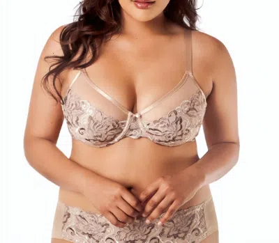 Curvy Couture Pearl Lotus Embroidered Underwire Bra In Bombshell Nude In Multi