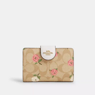 Coach Outlet Medium Corner Zip Wallet In Signature Canvas With Floral Print In Gold/light Khaki Chalk Multi