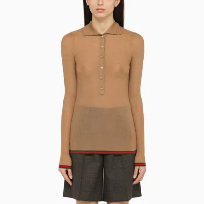 Gucci Camel Cashmere Long-sleeved Polo Shirt In Brown