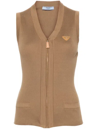 Prada Triangle-logo Cotton Vest In Cammello