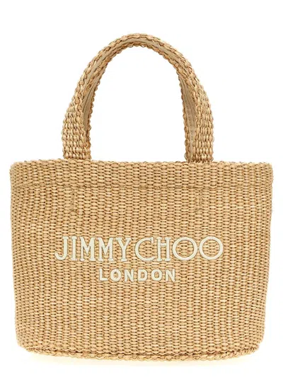 Jimmy Choo Logo Embroidered Woven Tote Bag In Natural/latte