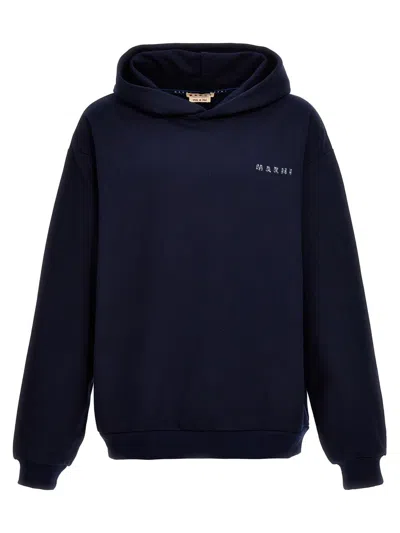 Marni Logo Print Hoodie In Blue