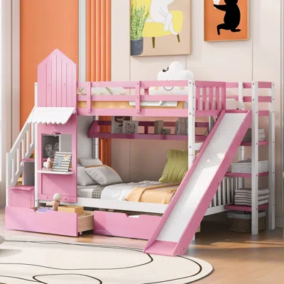 Simplie Fun Twin Over Twin Castle Style Bunk Bed In Pink
