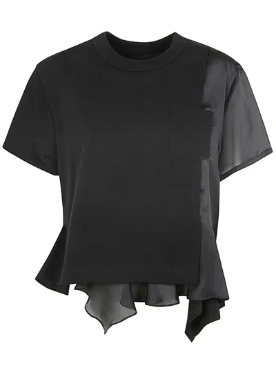 Sacai Womens Black Draped-panel Round-neck Cotton-jersey T-shirt