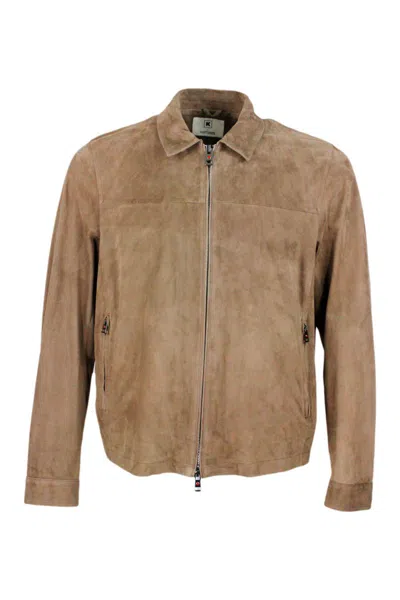 Kired Lightweight Unlined Jacket In Very Soft Suede With Shirt Collar And Zip Closure In Taupe