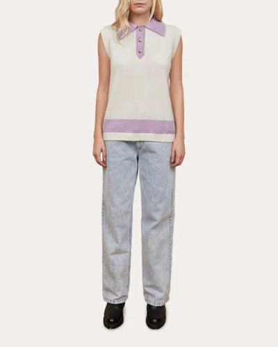 Tanner Fletcher Womens Ivory Lavender Purple Gold-tone Hardware Knitted Top In Ivory/lavender