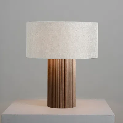 Nova Of California Tambo Table Lamp - Dark Walnut Wood Finish, Weathered Brass, White Linen Shade In Brown