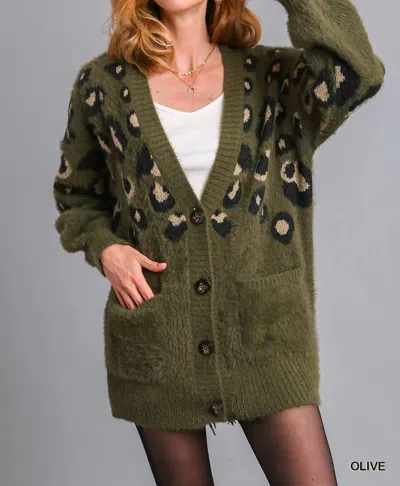 Umgee Leopard Print Cardigan In Olive In Green