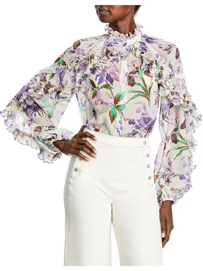 Kobi Halperin Phoenix Womens Floral Sheer Button-down Top In White