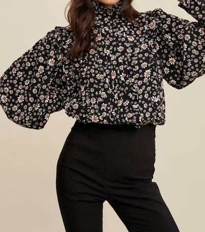 Listicle Daisy Print Mock Neck Pleated Blouse In Black