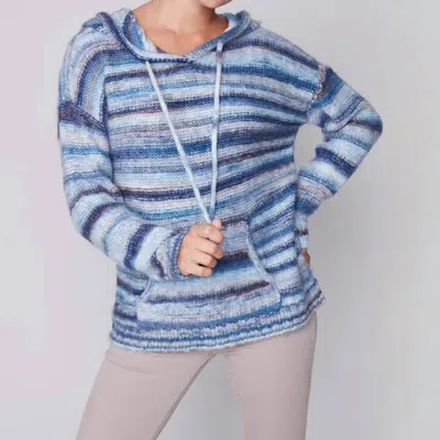 Charlie B Hooded V Neck Patch Pocket Sweater In Blue Stripe