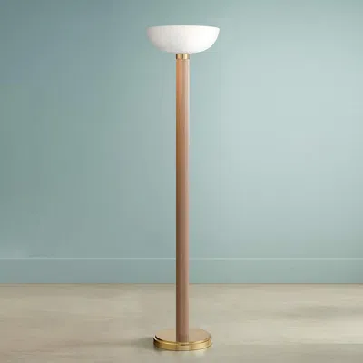 Nova Of California Tambo Torchiere Floor Lamp - Natural Ash Wood Finish, Weathered Brass, Dimmer In Brown