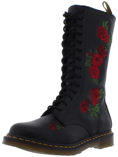 Dr. Martens' Vonda Black Leather Ankle Boots With 14 Eyelets And Red Roses. In Black/red Rose