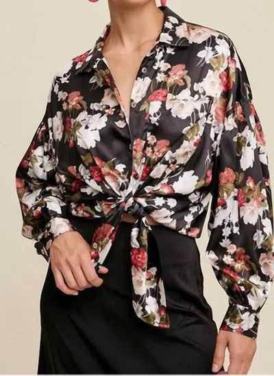 Listicle Rosette Satin Button-down Shirt In Black
