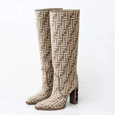 Pre-owned Fendi Beige/white Ff Jacquard Chenille Knee Length Boots Size 37