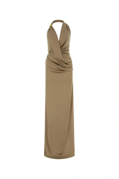 Blumarine Satin Halter Neck Long Dress In Bronze