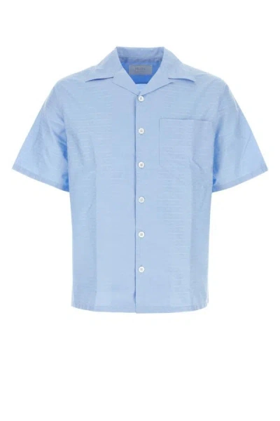 Prada Man Embroidered Poplin Shirt In Blue