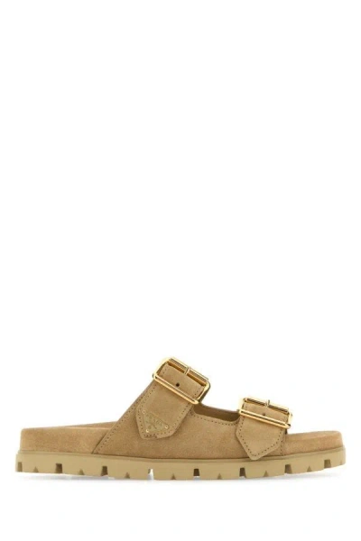 Prada Woman Sand Suede Slippers In Brown