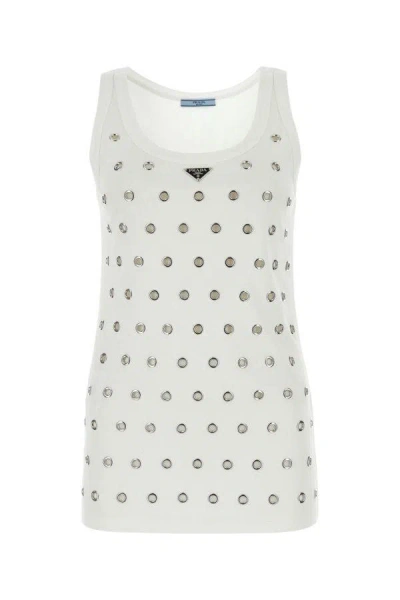 Prada Cotton Tank Top With Metallic Ring Embellishments In White