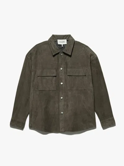 Frame Clean Suede Shirt Mocha Leather In Green
