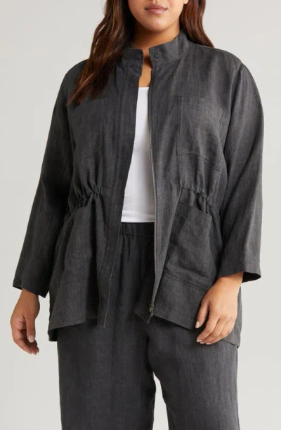Eileen Fisher Stand Collar Organic Linen Jacket In Graphite