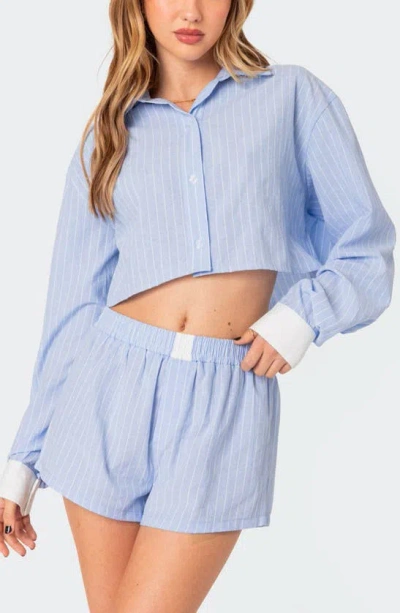 Edikted Lea Stripe Crop Button-up Shirt In Light Blue