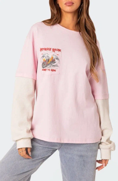 Edikted Racing Oversize Mixed Media Long Sleeve Cotton Graphic T-shirt In Light-pink